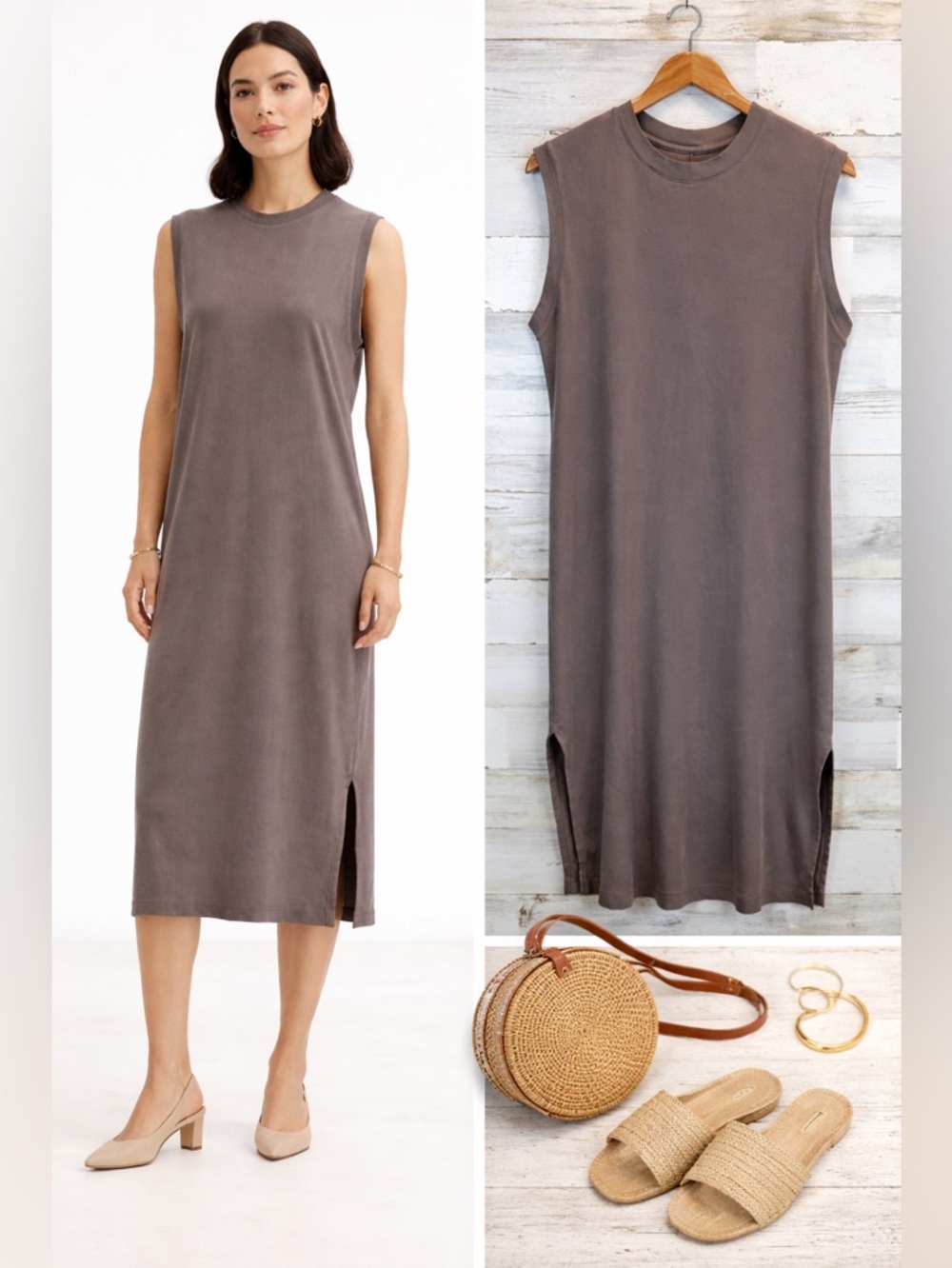 M.M. LaFleur The Lou Dress XL Pima Cotton Sleeveless Midi Taupe Minimalist Work